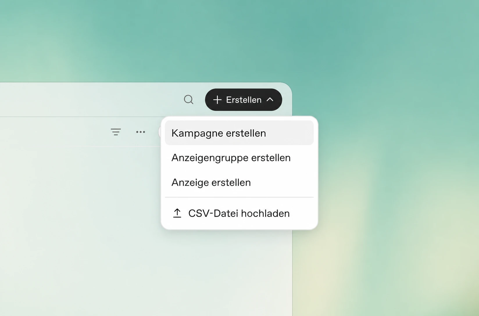 OpenAI Ads Manager mit geöffnetem Erstellen-Menü für Kampagnen, Anzeigengruppen, Anzeigen und CSV-Upload