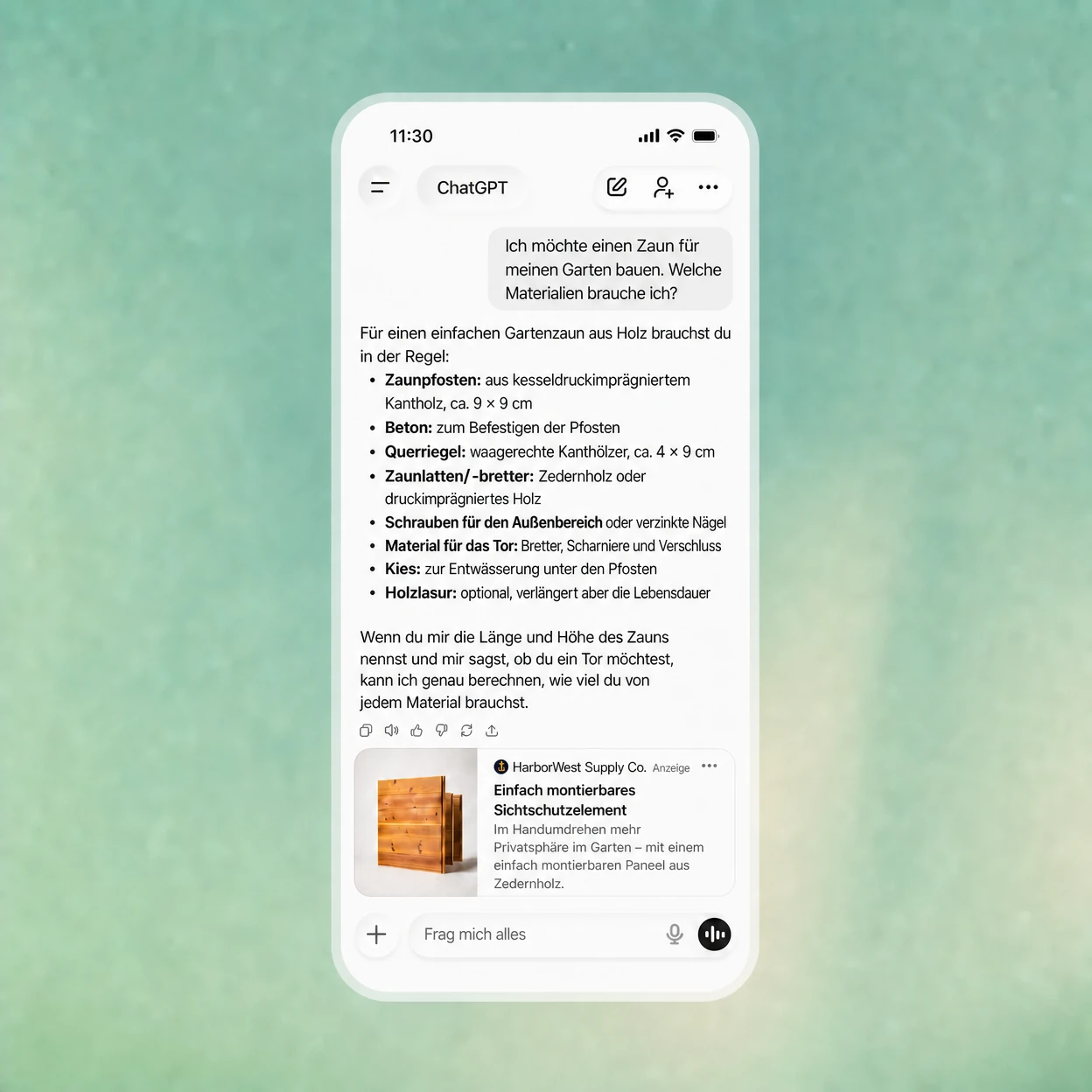 Offizielles OpenAI-Beispiel: ChatGPT-Antwort zum Gartenzaun mit gekennzeichneter HarborWest-Anzeige darunter