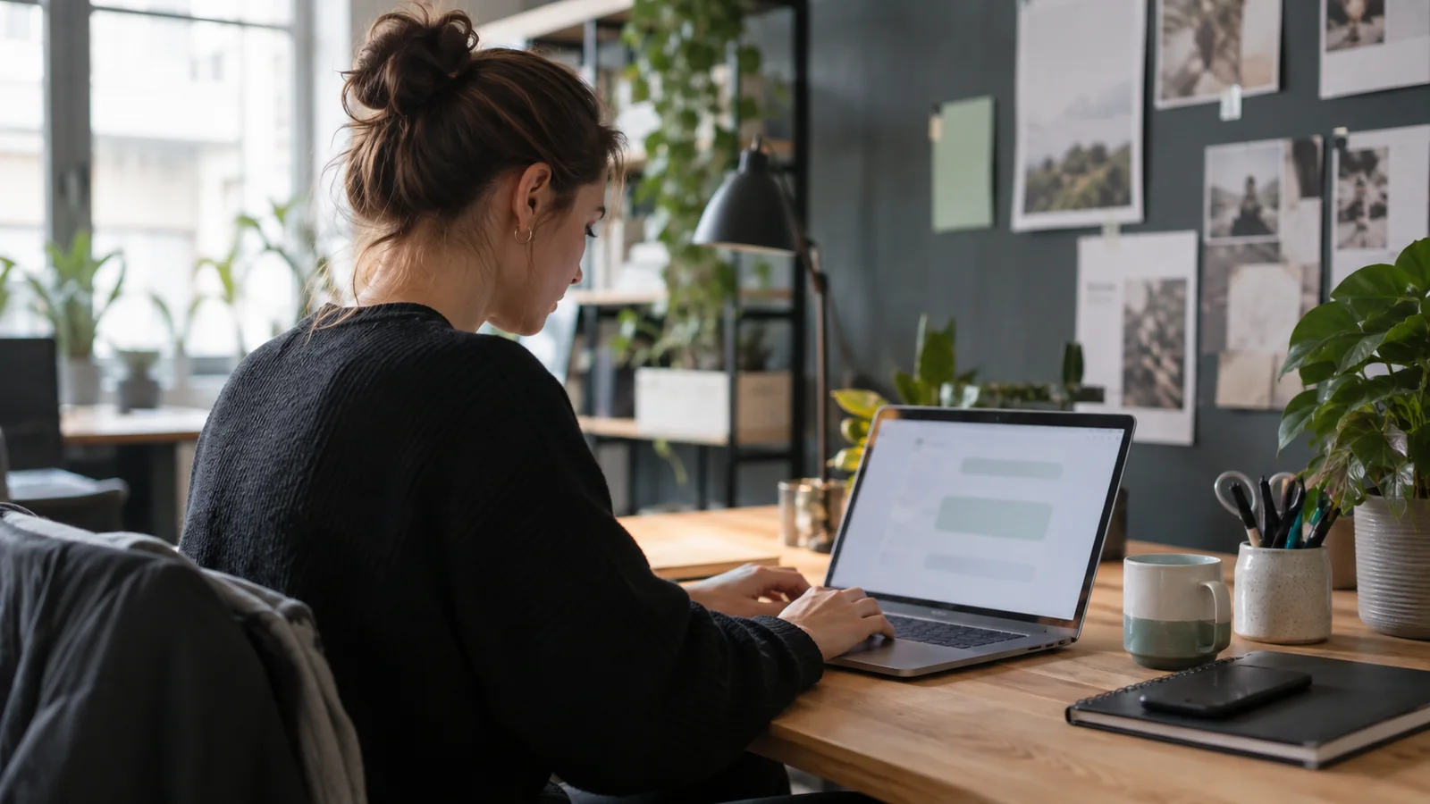 Person arbeitet in einem hellen Büro an einem Laptop