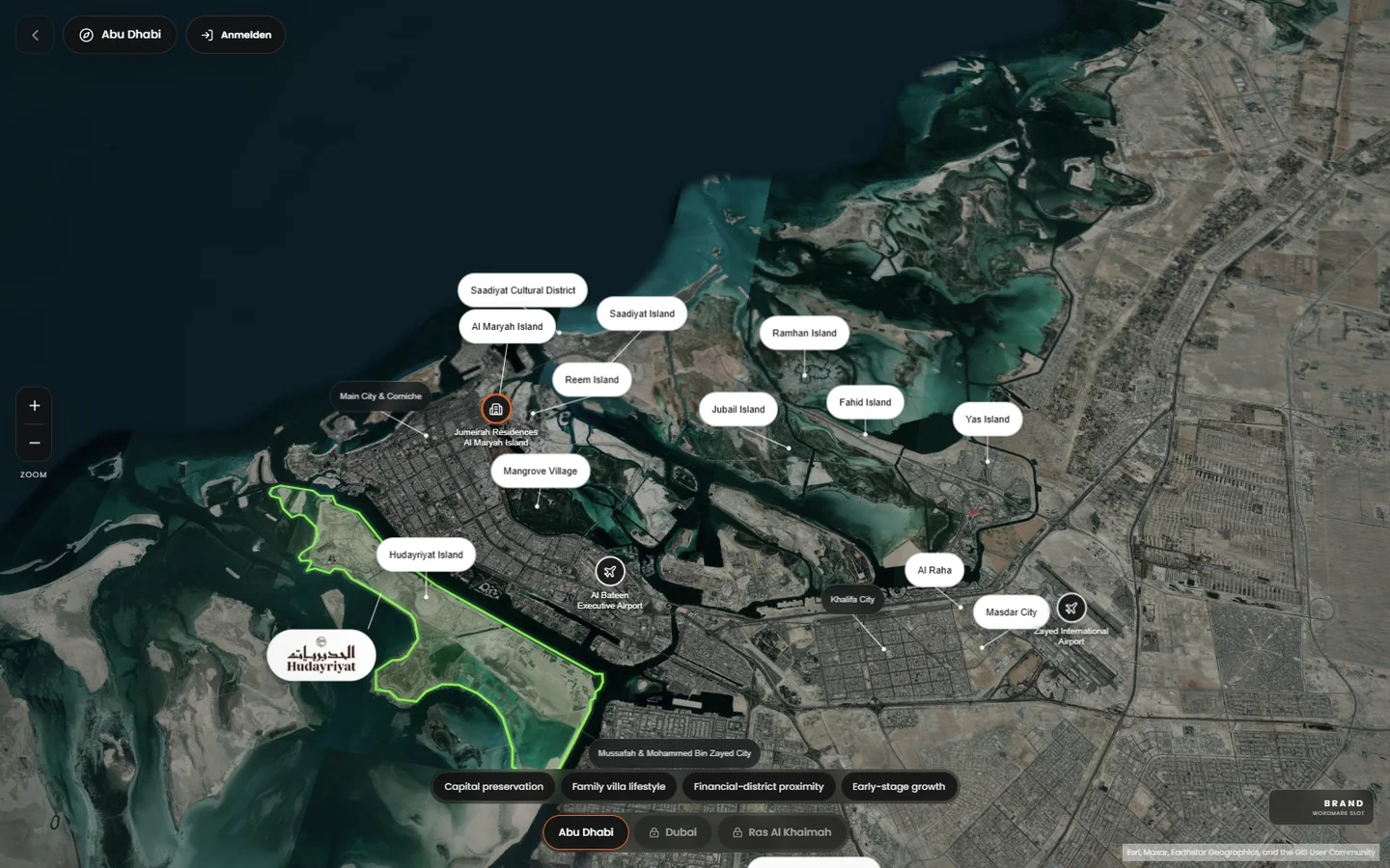 Interaktive Satellitenkarte von Abu Dhabi mit markierten Inseln und Stadtvierteln