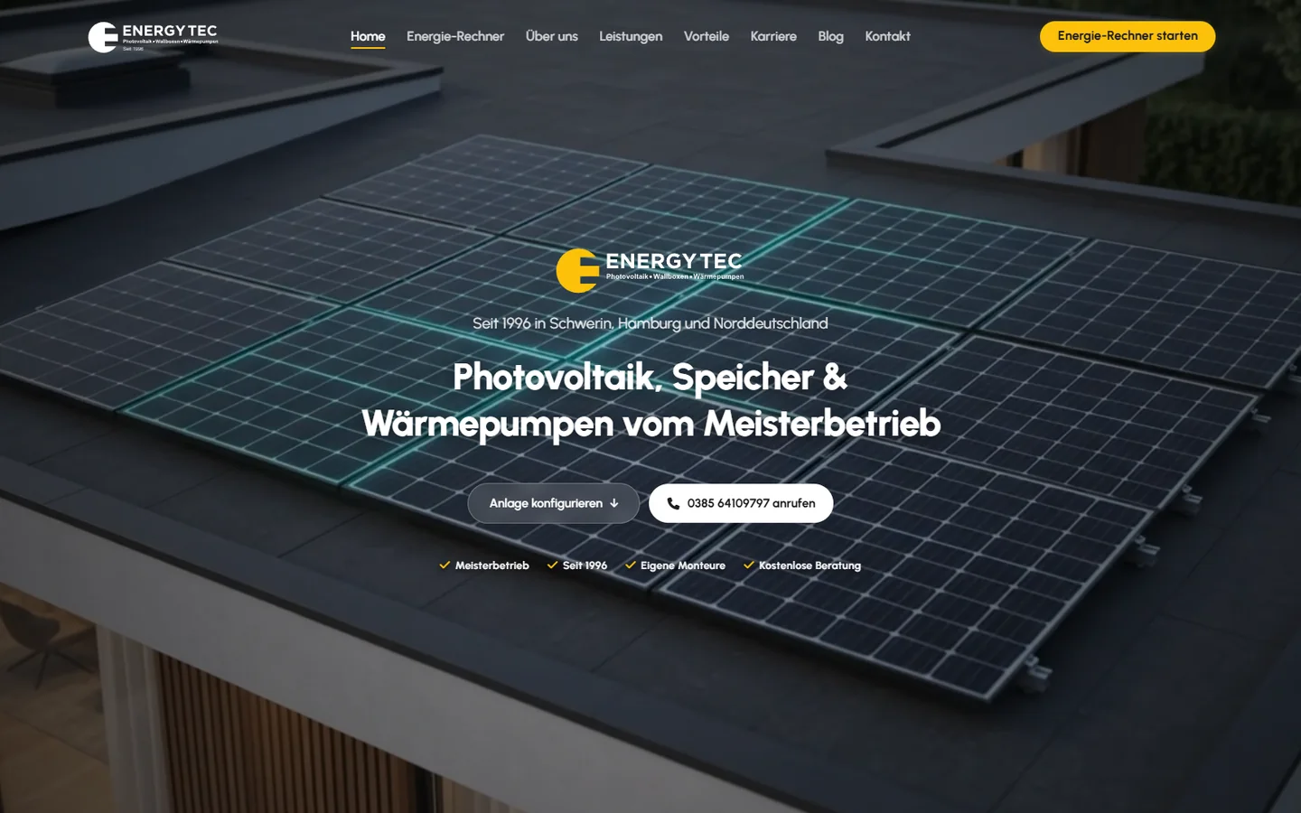 ENERGYTEC-Website mit Photovoltaikanlage und gelben Akzenten