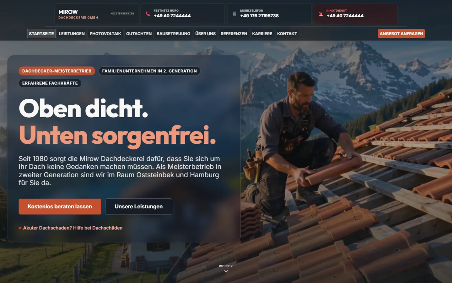 Mirow-Dachdeckerei-Website mit Dachdecker bei der Arbeit und orangefarbener Typografie