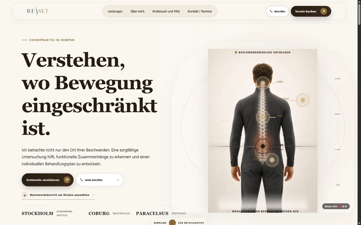 Startseite von ReSet Chiropraktik Kempen mit Rückenansicht eines Mannes und markierter Wirbelsäule