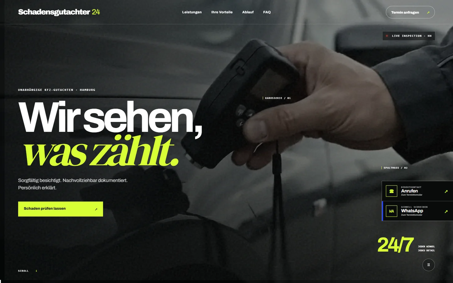 Schadensgutachter24-Website mit Fahrzeugprüfung und neongrüner Typografie