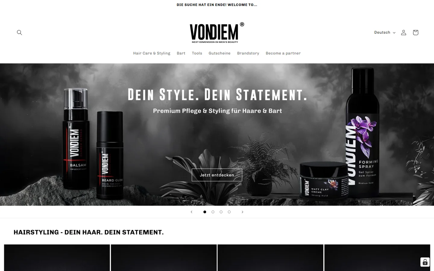VONDIEM-Onlineshop mit Pflegeprodukten vor dunklem Hintergrund